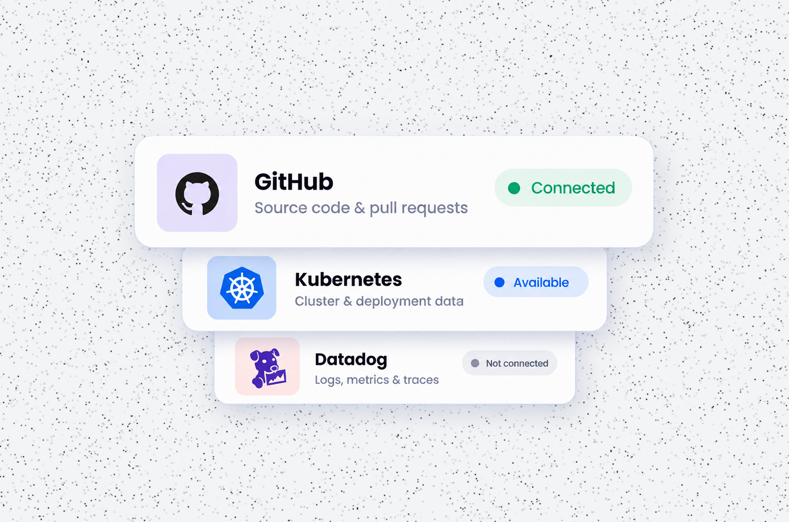 Connector status showing GitHub connected, Kubernetes available, and Datadog not connected