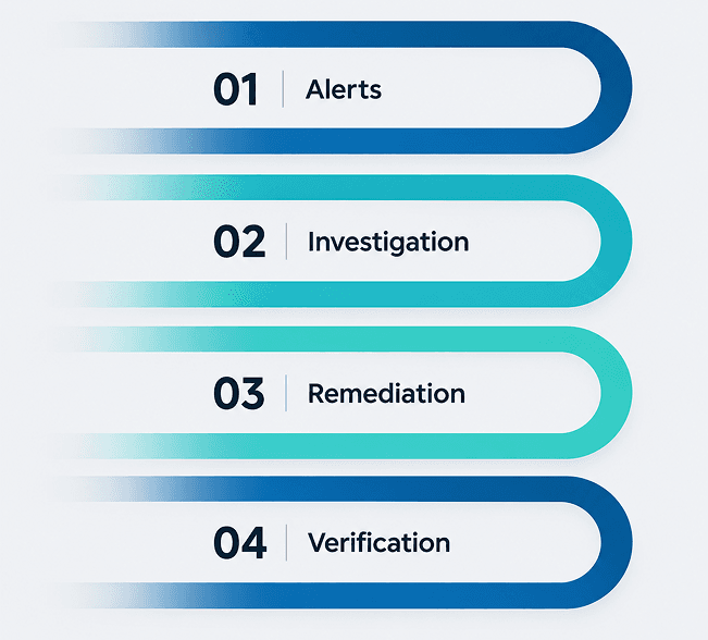 Four stages: alerts, investigation, remediation, verification.