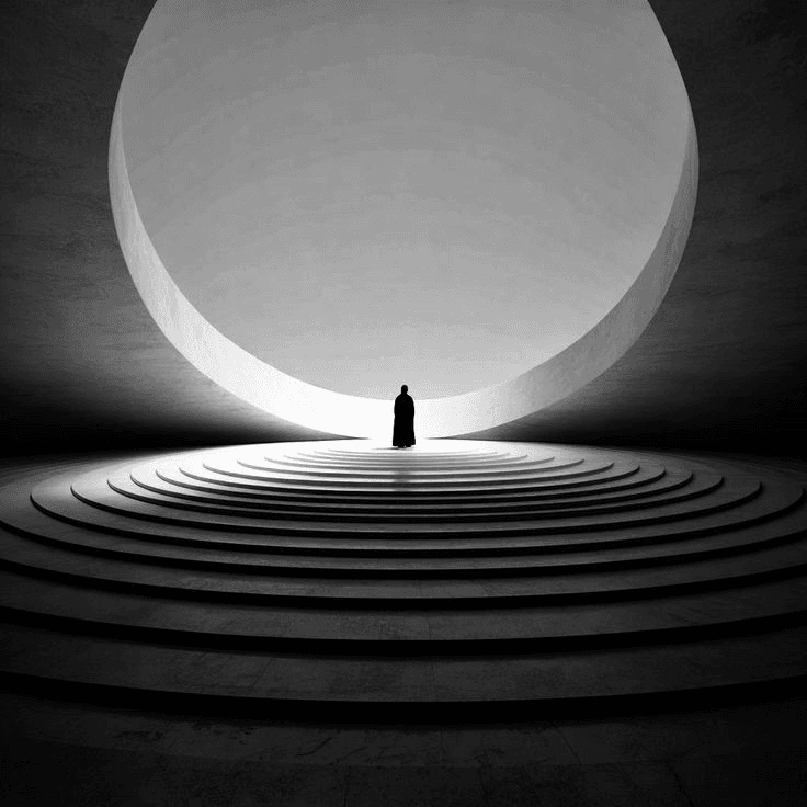 A figure standing before a vast illuminated circle.
